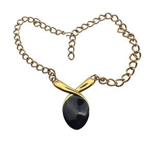 Monet Gold-Tone Chain Necklace Black Pendant Statement Jewelry 24" Hook Close